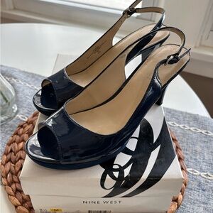 Nine West Navy Patent Peep-Toe Slingback Heels